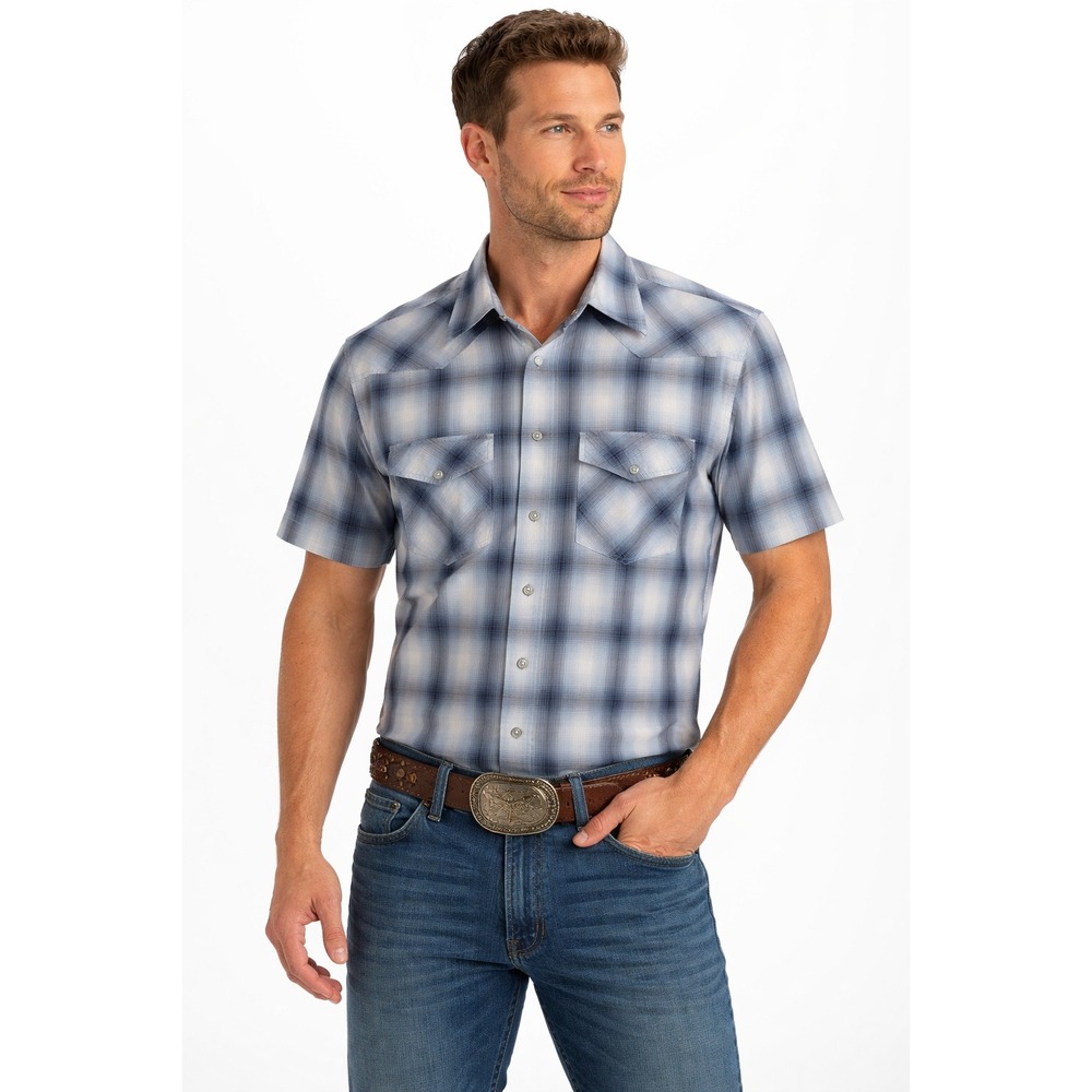 Clockhouse Western Plaid Pearl Snap Shirt Mens‎ Medium Blue Short Sleeve